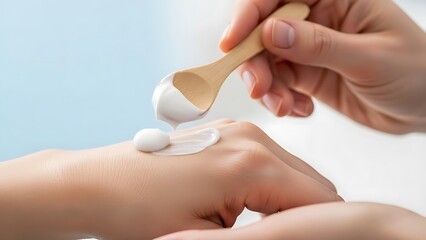 Fototapeta premium Hands applying white cream to skin with a wooden whisk