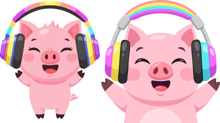 Two happy cartoon piglets enjoying music wearing colorful rainbow headphones © Design