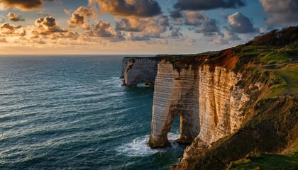 A stunning coastal scene featuring dramatic cliffs, crashing waves, and a colorful sky at sunset.