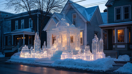 A stunning ice castle stands on a snow-covered lawn, glowing against a backdrop of quaint houses at dusk, creating a magical winter scene.