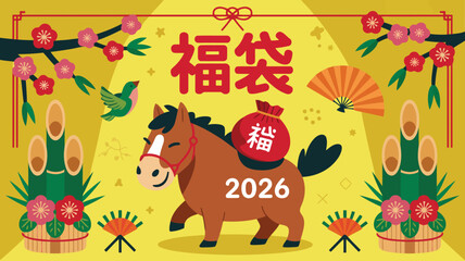 Obraz premium A festive cartoon horse carries a red lucky bag with 福 for the Japanese New Year 2026 celebration