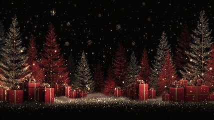 Elegant holiday scene with red and gold trees under a night sky with presents on ground, evoking festive cheer, warmth, and luxury.