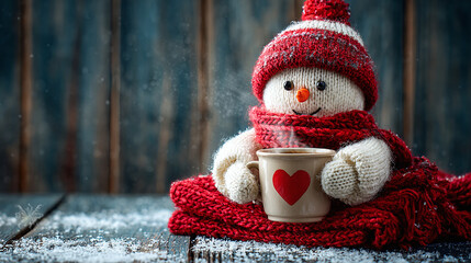 Cozy knitted snowman doll wearing a red hat and scarf holding a steaming mug with a heart on a snowy wooden surface. Winter warmth.