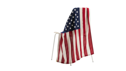 American flag draped over a simple white chair isolated on transparent background