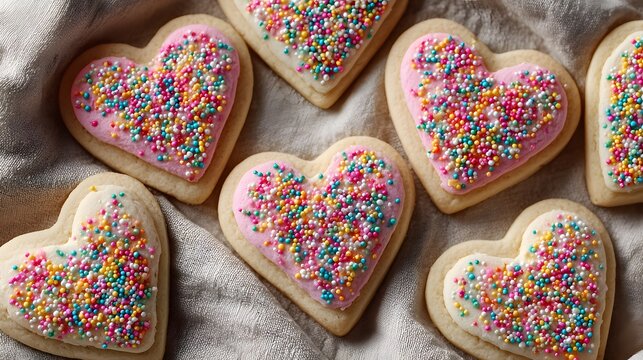 Heart-shaped sugar cookies decorated with colorful pastel sprinkles lie on a beige linen cloth, capturing a homemade sweet treat photography.