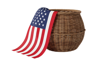 American flag draped over a woven basket isolated on transparent background