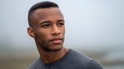 A thoughtful young man with dark skin and short hair gazes intently into the distance enveloped by soft atmospheric fog on an overcast outdoor day