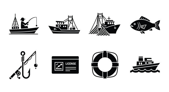 Collection of fishing related icons boats fish equipment and maritime symbols