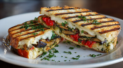 Gourmet Vegetable Panini with Melted Mozzarella Cheese, Pesto Sauce, Roasted Red Peppers and Mushrooms on Grilled Ciabatta Bread Served on White Plate