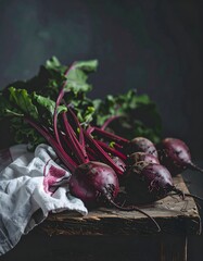Frische Rote Beete mit passendem Geschirrtuch , fotografiert als rustikales Stillleben auf dunklem Holz.