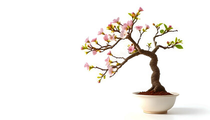 Pink Flowering Bonsai Tree in White Ceramic Pot: Japanese Miniature Plant with Blossoming Branches, Fresh Green Leaves, Curved Trunk, Subtle Petals and Minimalist White Background