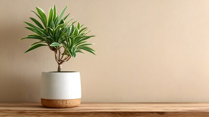 Obraz premium Green Dracaena plant sits in a white pot on wood against a beige wall, showing a clean organic aesthetic with soft studio lighting effects.