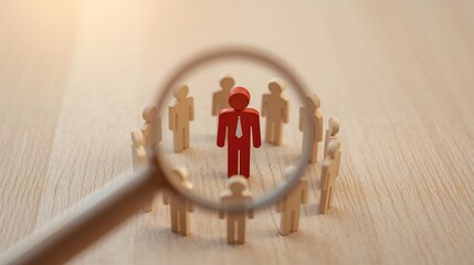A conceptual image of a leader standing out among others, under a magnifying glass, focusing on leadership, vision, and selection