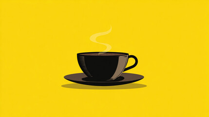 Obraz premium A minimalist design showcases a steaming cup of coffee, elegantly posed on a saucer, against a bold yellow backdrop, symbolizing warmth and energy.