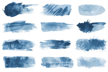 A collection of blue watercolor brushstrokes on a white background