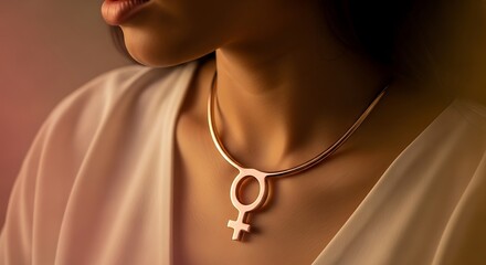 Woman wearing Venus symbol necklace closeup.