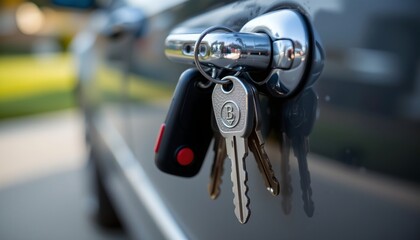 The image shows a close up view of a set of keys inserted into the ignition of a vehicle. The keys include a car key with a plastic head and a metal key with a logo engraved on it
