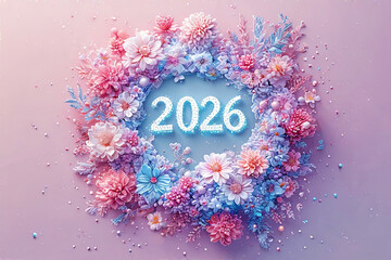 3D Floral Wreath Framing 2026 New Year Numbers in Pink, Blue and White Dahlia Blooms, Delicate Petals at Gentle Pink Background for Holiday Greetings, Calendar Designs, Festive Posters