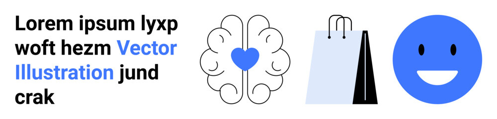 Fototapeta premium Mental health, consumer behavior, happiness, retail therapy, human emotions, shopping satisfaction. Brain with heart, shopping bags and a smiling face. Mental health and consumer behavior engagement