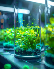 Microscopic view of organic plant growth in a futuristic laboratory setting