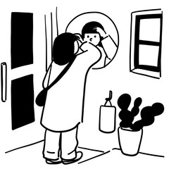 Mirror Grooming Woman Line Art Vector