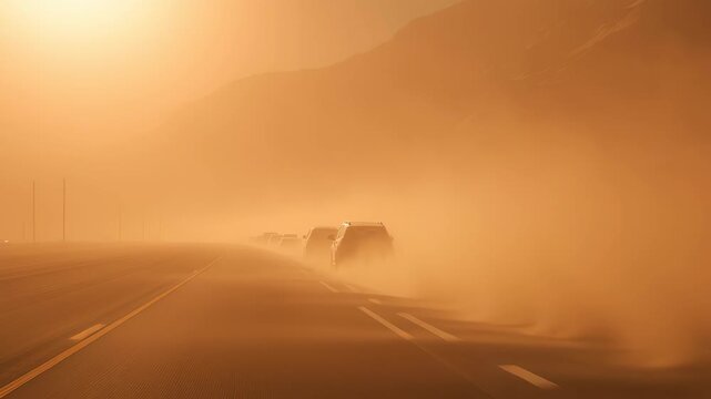Cars driving in a dusty storm on an open highway with low visibility and warm light creating a dramatic travel and weather risk scene
