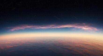 Vast celestial horizon with swirling clouds and streaks of light across the darkening sky