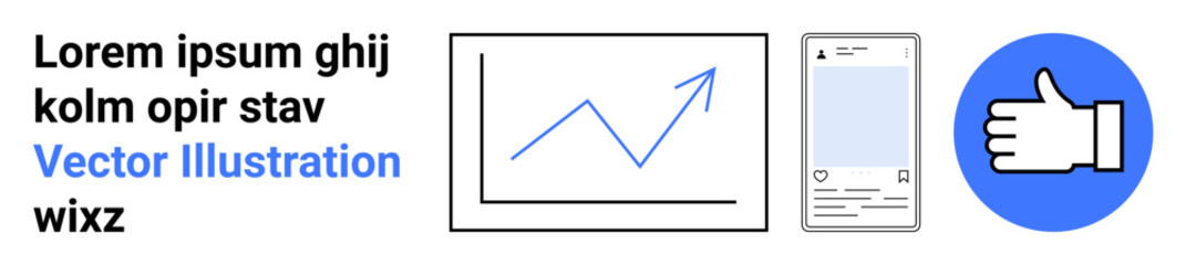 Obraz premium Business analytics, social interaction, social media UI, marketing trends, digital approval, professional tools. Graphical chart, app interface and thumbs-up icon. Business analytics and social