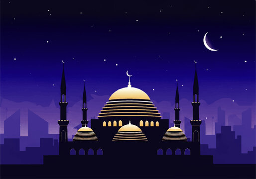 Vector flat design illustration of a mosque at night with a crescent moon and stars in the sky, set against a cityscape with a dark blue and purple gradient background.