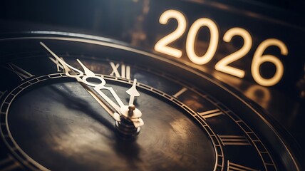 Vintage clock with glowing 2026 number for New Year countdown and time management concept