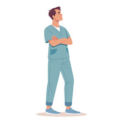 Confident Male Doctor or Nurse in Scrubs, Healthcare Professional Illustration