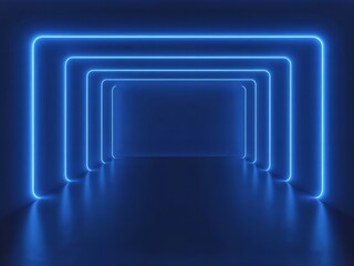 Futuristic blue neon tunnel with glowing rectangular frames