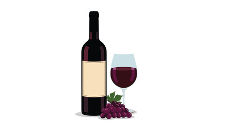 Obraz premium Classic vector illustration shows a dark bottle of red wine with a blank cream label, a half-full glass, and a bunch of grapes.