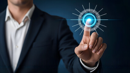 Fototapeta premium Businessman touching virtual button in futuristic blue glow with finger in modern dark blue background for technology interface