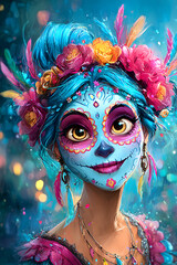 Colorful Day of the Dead Woman with Floral Crown