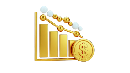 Gold financial chart showing decline with dollar coin
