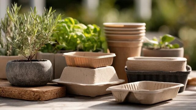 Closeup medium shot of various biobased packaging options highlighting texture and detail of compostable plantderived and biodegradable materials in a natural setting.