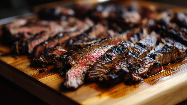 Traditional Mexican carne asada steak, expertly grilled with visible charred marks and a juicy pink center. Sliced and served on a rustic wooden cutting board.
