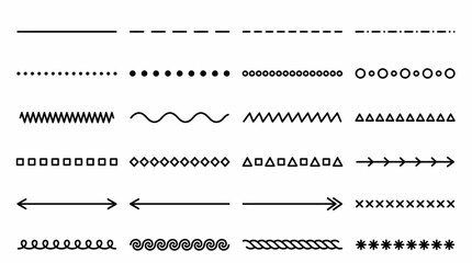 Fototapeta premium Decorative Line Vector Set Featuring Borders, Dividers, and Embellishments with Arrows, Stars, Leaves, and Shapes for Graphic Design and Layout Use