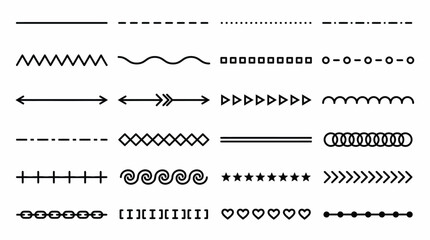 Obraz premium Decorative Line Vector Set Featuring Borders, Dividers, and Embellishments with Arrows, Stars, Leaves, and Shapes for Graphic Design and Layout Use