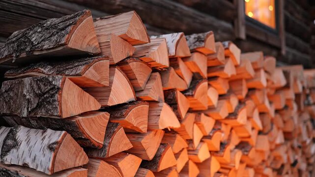 A neatly stacked pile of cut firewood logs against a rustic wooden structure, ready for winter warmth and cozy evenings.