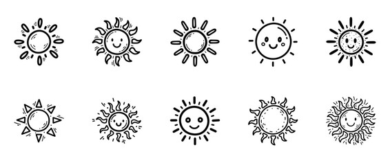 Set of hand drawn sun icons with smiling faces and rays, cartoon doodle weather symbols with transparent background for fun illustrations and design