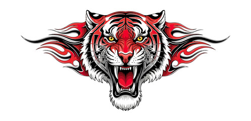 Obraz premium Tiger head roaring with flames design isolated on black background