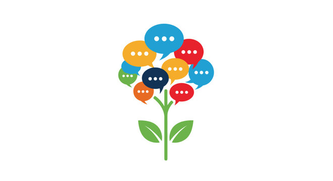 Vibrant tree illustration where the leaves are replaced by a variety of colorful speech bubbles, representing social communication.