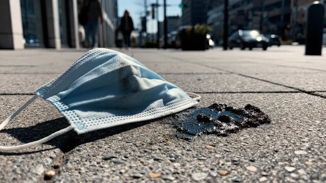 A single crumpled disposable face mask discarded on a city sidewalk next to debris and shadows.