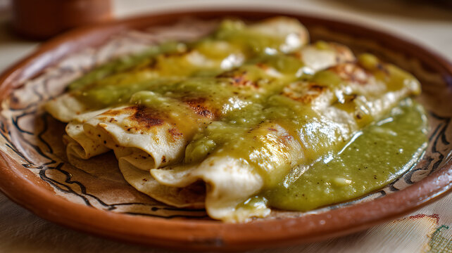 Traditional Mexican enchiladas topped with vibrant green tomatillo sauce and melted cheese, served on a rustic ceramic plate in a warm, homemade setting.