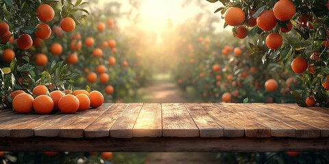 Fresh oranges on rustic wooden table, orange orchard background, warm sunrise, shallow depth of field