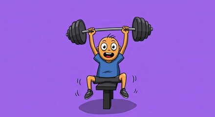 Determined young athlete cartoon character pushing limits with heavy barbell weightlifting workout, showcasing strength and humor in a challenging fitness endeavor