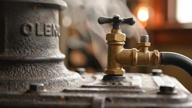 Close Up of antique cast iron radiator valve venting steam with brass details