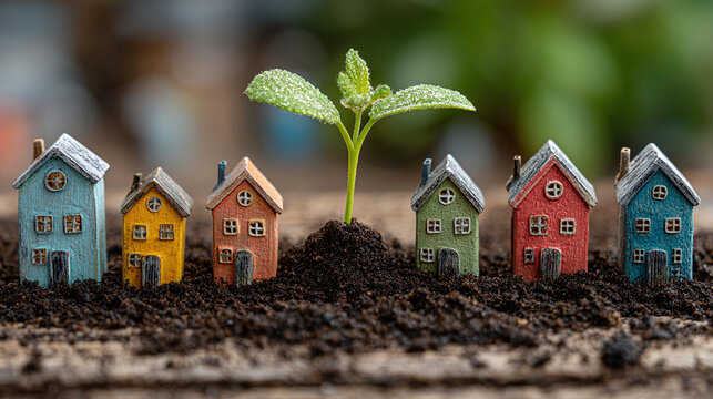 housing market expansion concept with sustainable growth symbolized by plant emerging from soil and residential building models